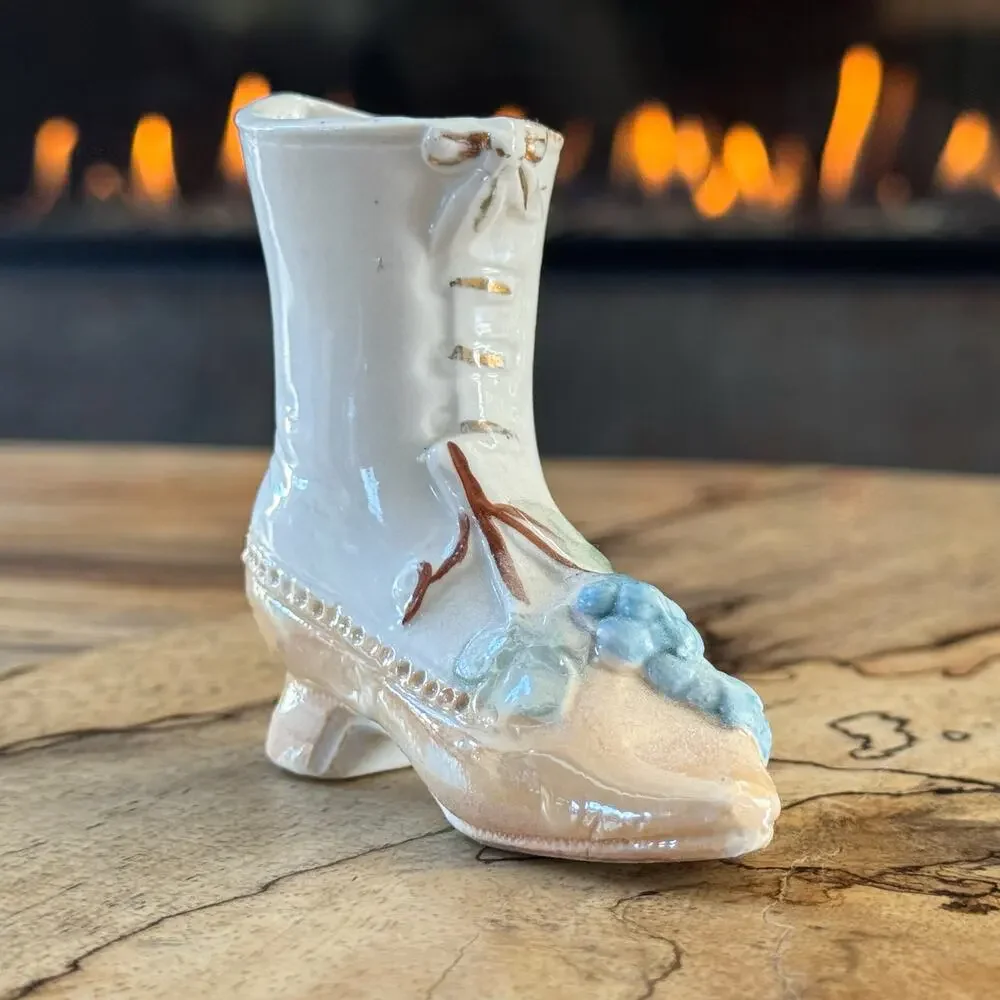 Antique Victorian German Lustreware Porcelain Lace Up Boot w/ Grape Bunches, 3